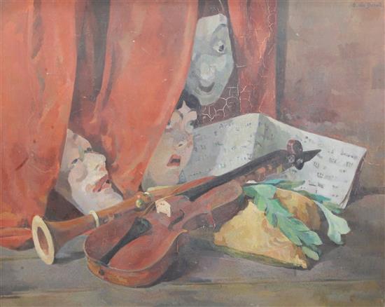 Odette des Garets (French, 1891-) Still life with masks and musical instruments 25 x 31in.